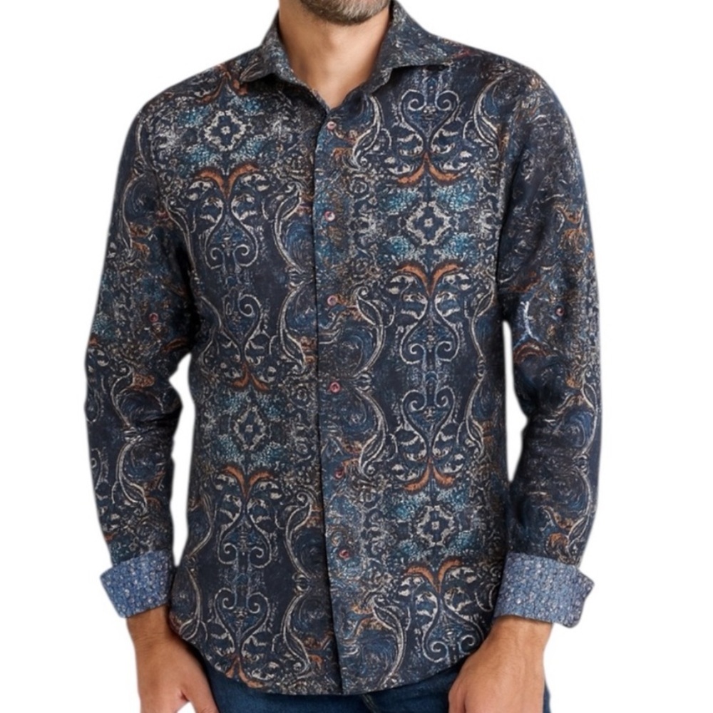 Jermyn & Bond Modern Fit Baroque Print Sport Shirt Small Blue